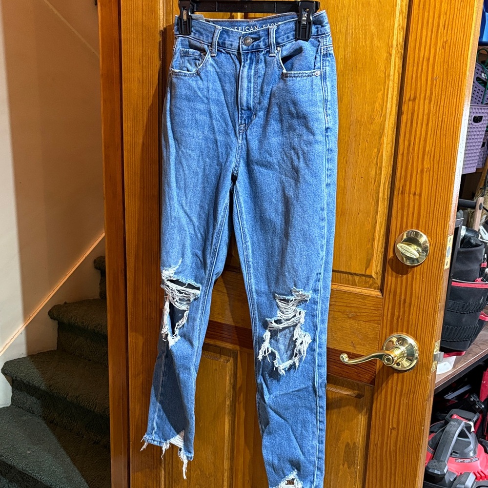 American Eagle Outfitters Women's Distressed Straight Leg Jeans - Blue